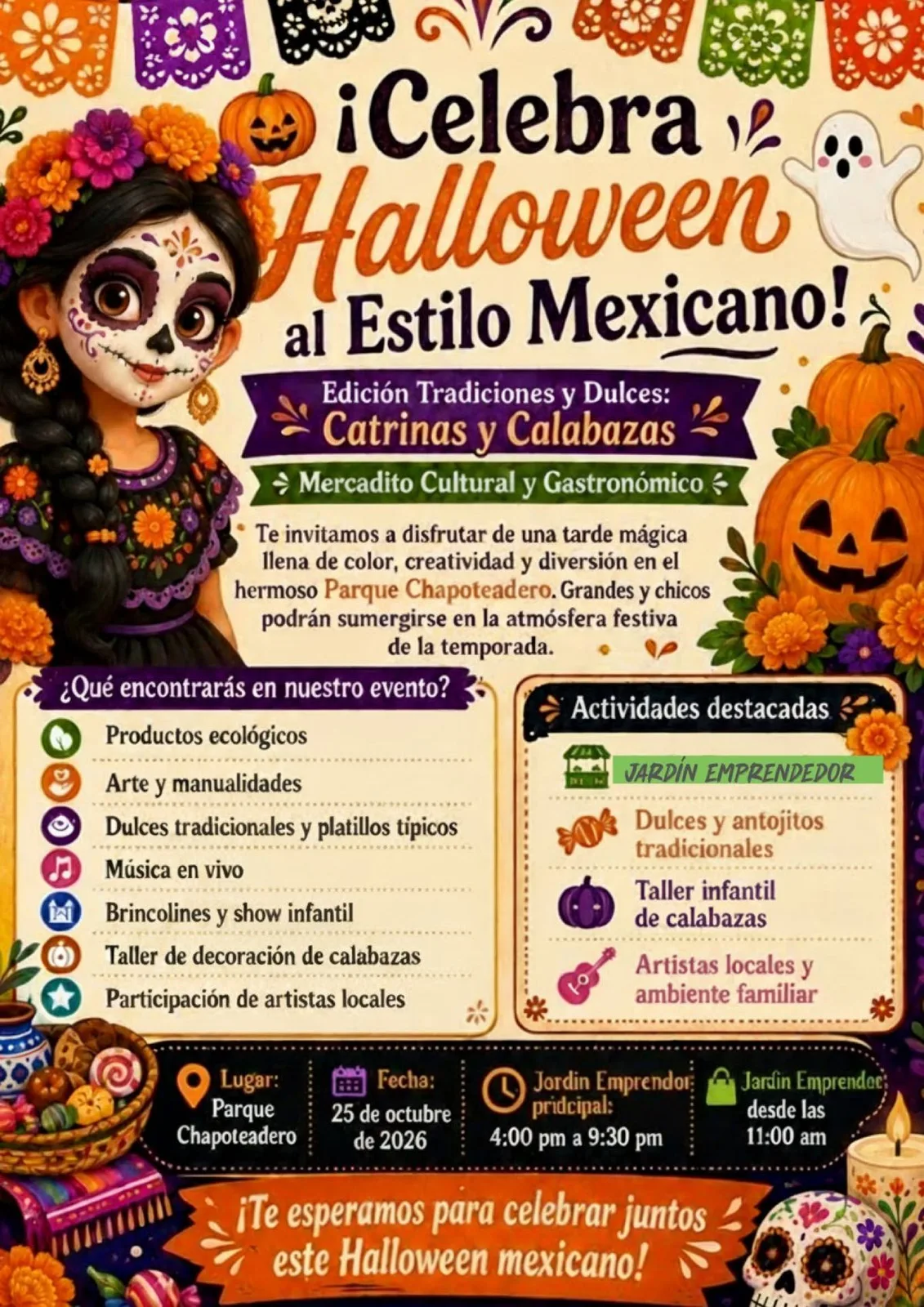 Mercadito cultural y Gastronómico en Chapoteadero edición tradiciones y dulces Catrinas y Calabazas